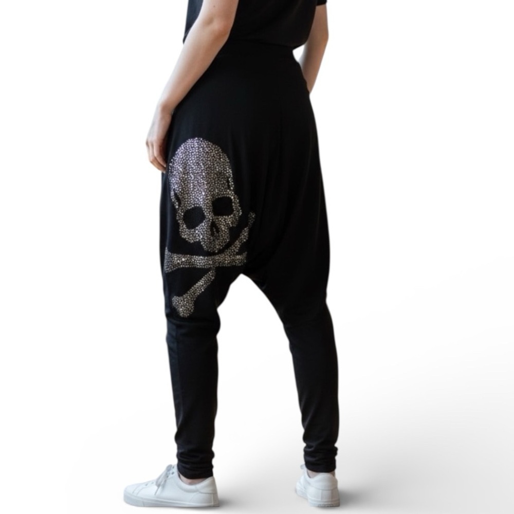 3 Queen Black Fringe Rhinestone Skull Parachute Pants